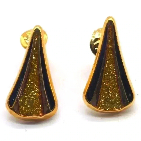 Art Deco Black Enamel and Glittery Gold clip on Earrings Estate Jewelry - Picture 1 of 3